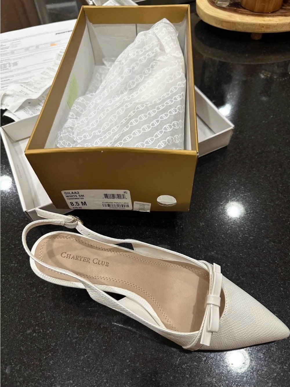 Charter Club White Pointed Toe Slingback Pump with Bow - Picture 3 of 5